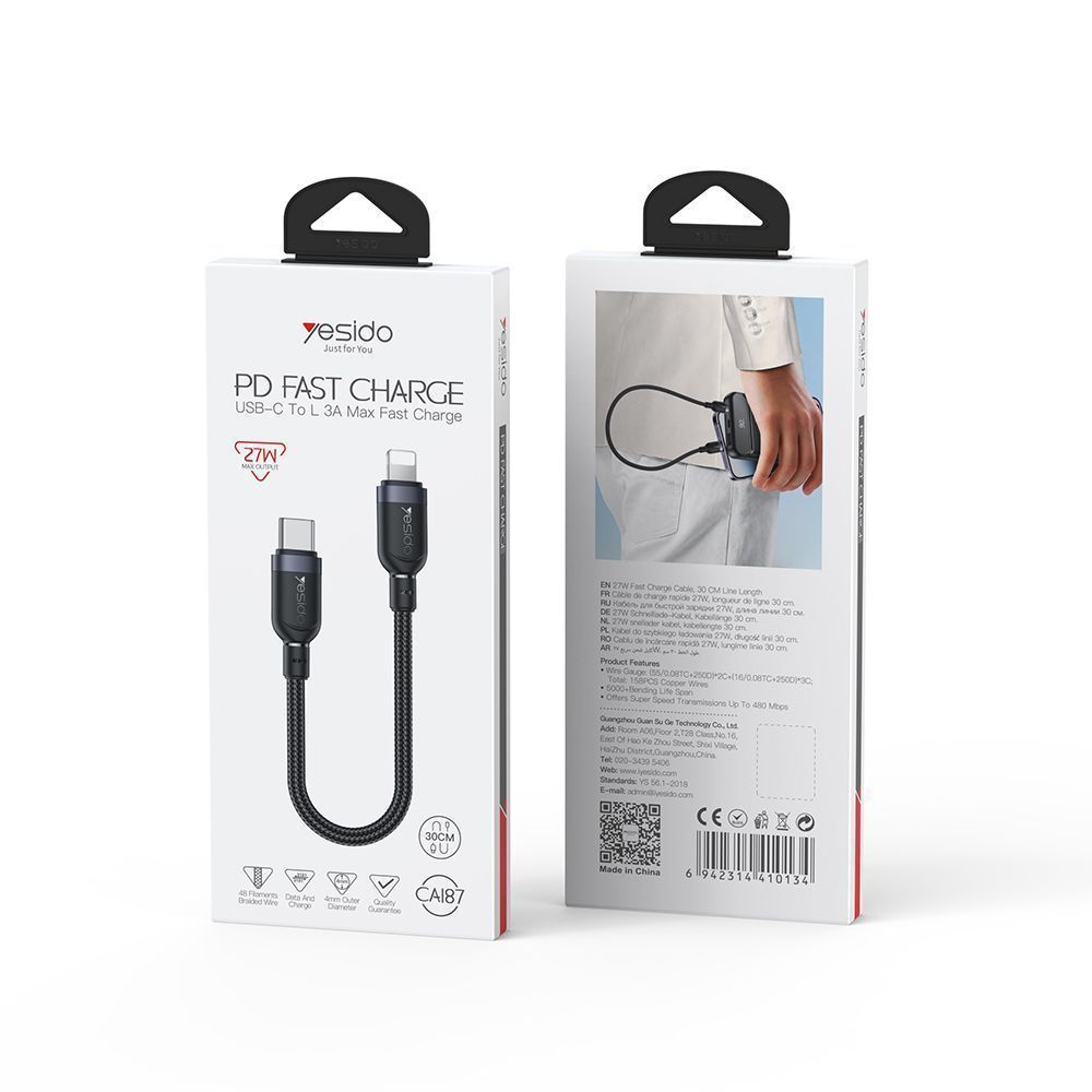 Καλώδιο Yesido CA187 Braided Type-C σε Lightning 27W 0.3m Μαύρο