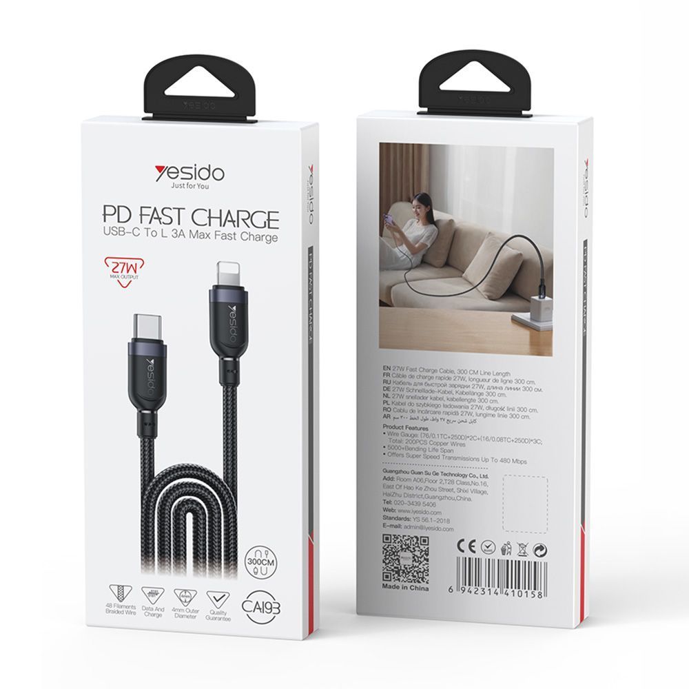 Καλώδιο Yesido CA193 Braided Type-C σε Lightning 27W 3m Μαύρο