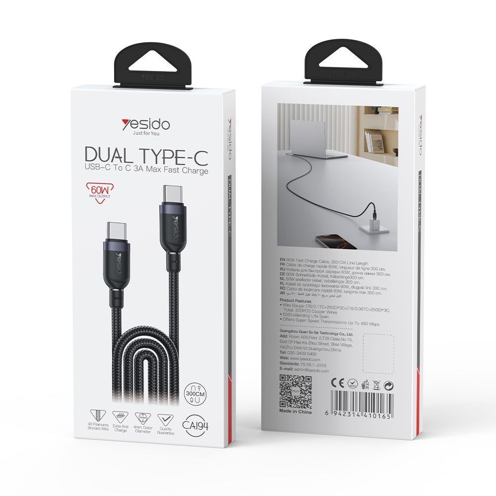 Καλώδιο Yesido CA194 Braided Type-C σε Type-C 60W 3m Μαύρο