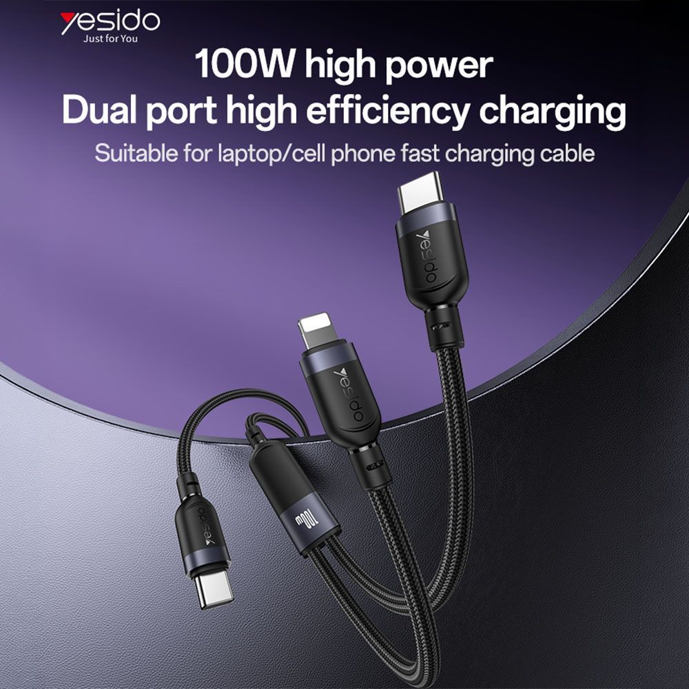 Καλώδιο Yesido CA90 Braided 2-σε-1 Type-C σε Type-C & Lightning 100W 1.2m Μαύρο