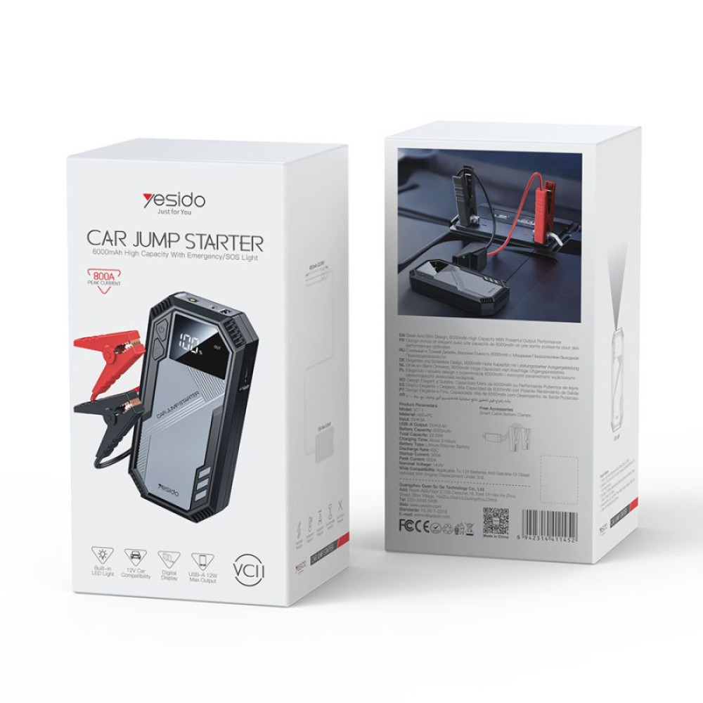 Εκκινητής Αυτοκινήτου Yesido VC11, PowerBank 6000mAh 12V - 300A / 800A PEAK Μαύρο-Γκρι