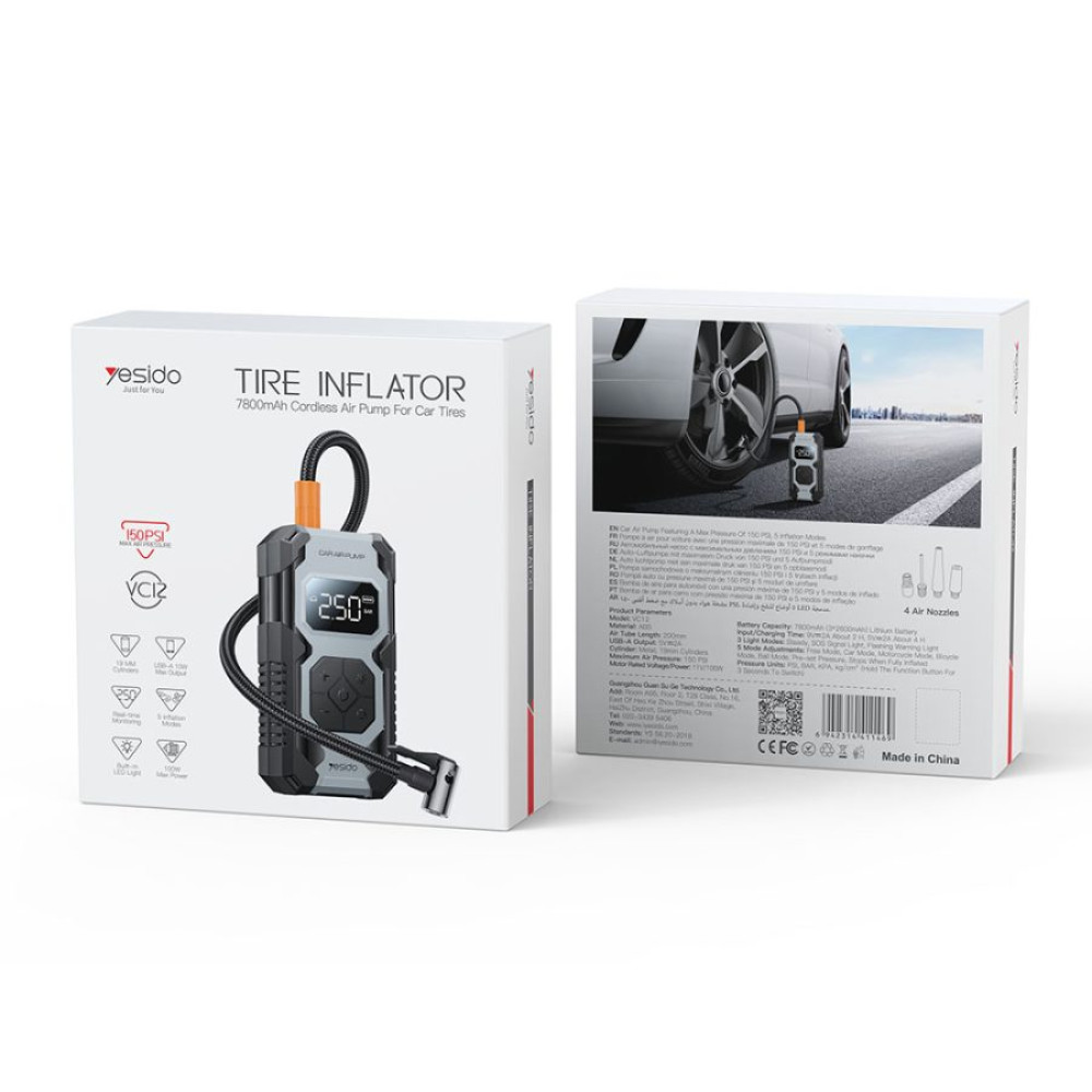Αεροσυμπιεστής Αυτοκινήτου Yesido VC12 100W 150PSI, PowerBank 7800mAh 12V Μαύρο-Γκρι