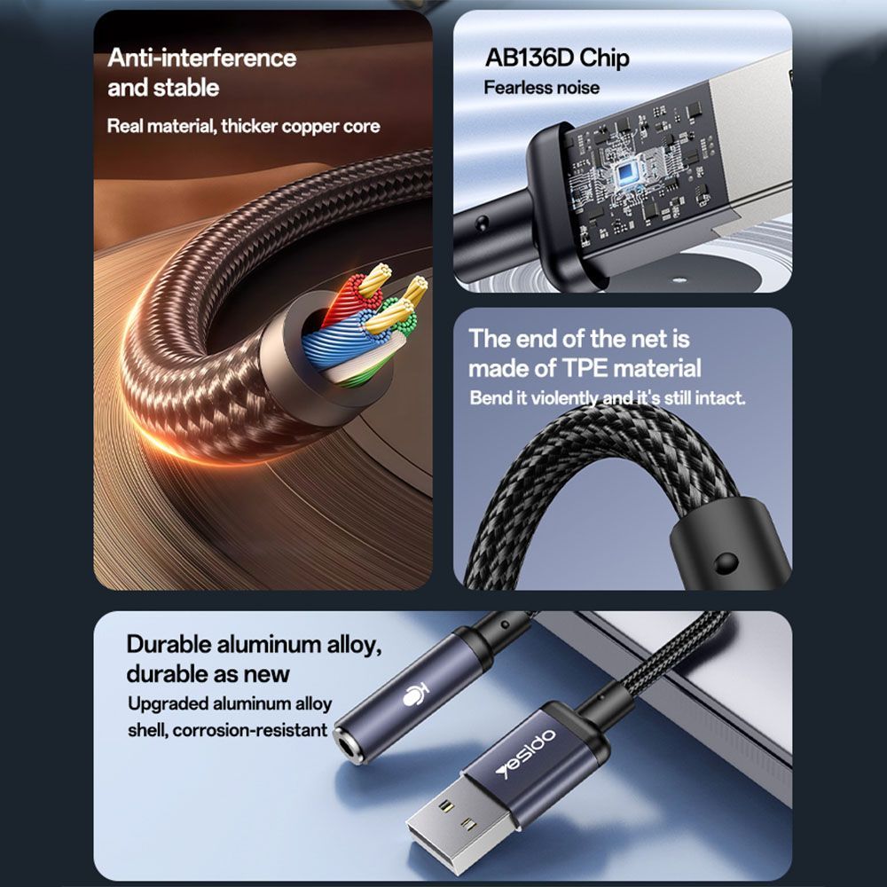 Yesido YAU46 Μετατροπέας Ήχου USB σε 3.5mm Jack 15cm Μαύρο