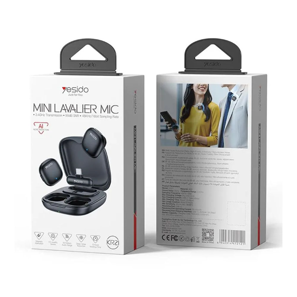 Yesido Mini Ασύρματο Μικρόφωνο Πέτου KR21 Live-Stream 2-to-1 Type-C 48Khz-16Bit + Ai Noise Reduction Μαύρο