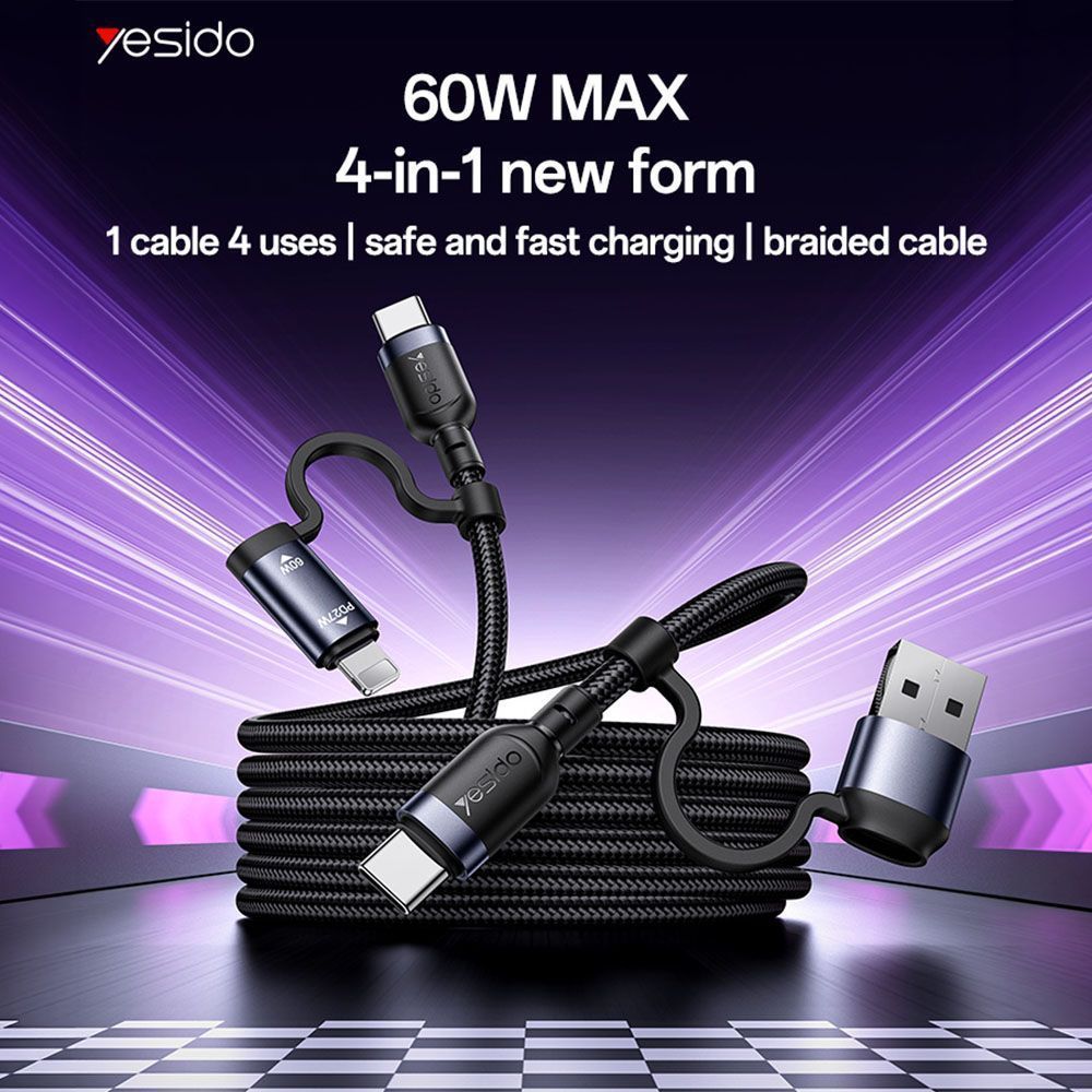 Καλώδιο Yesido CA200 Braided 4-σε-1 USB / Type-C / Lightning 60W 1m Μαύρο