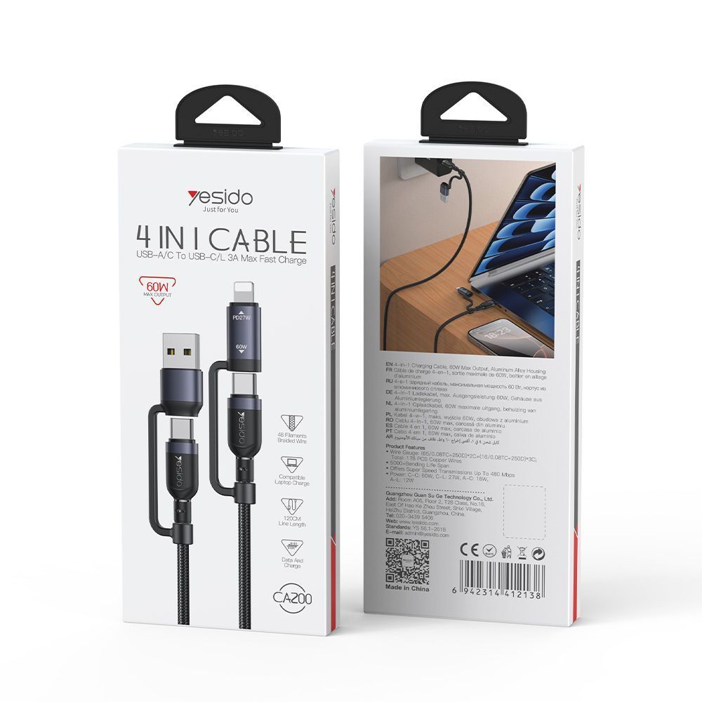 Καλώδιο Yesido CA200 Braided 4-σε-1 USB / Type-C / Lightning 60W 1m Μαύρο