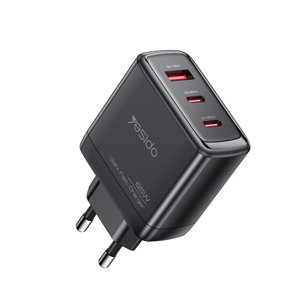 Φορτιστής Yesido YC144C 65W USB και 2xType-C με Καλώδιο Type-C PD Μαύρο