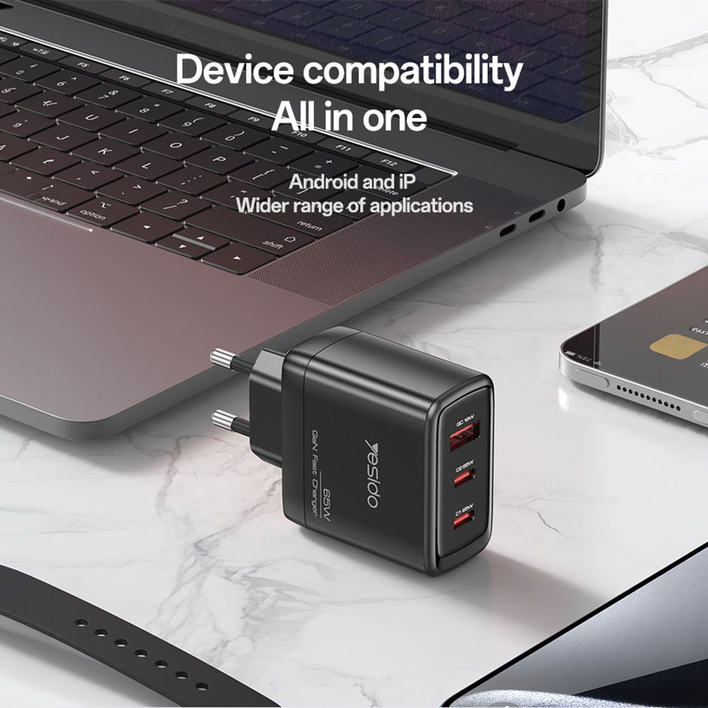 Φορτιστής Yesido YC144C 65W USB και 2xType-C με Καλώδιο Type-C PD Μαύρο