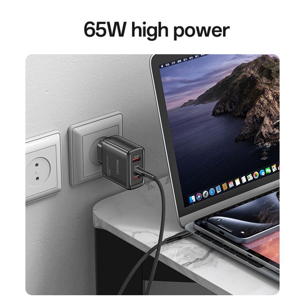 Φορτιστής Yesido YC144C 65W USB και 2xType-C με Καλώδιο Type-C PD Μαύρο