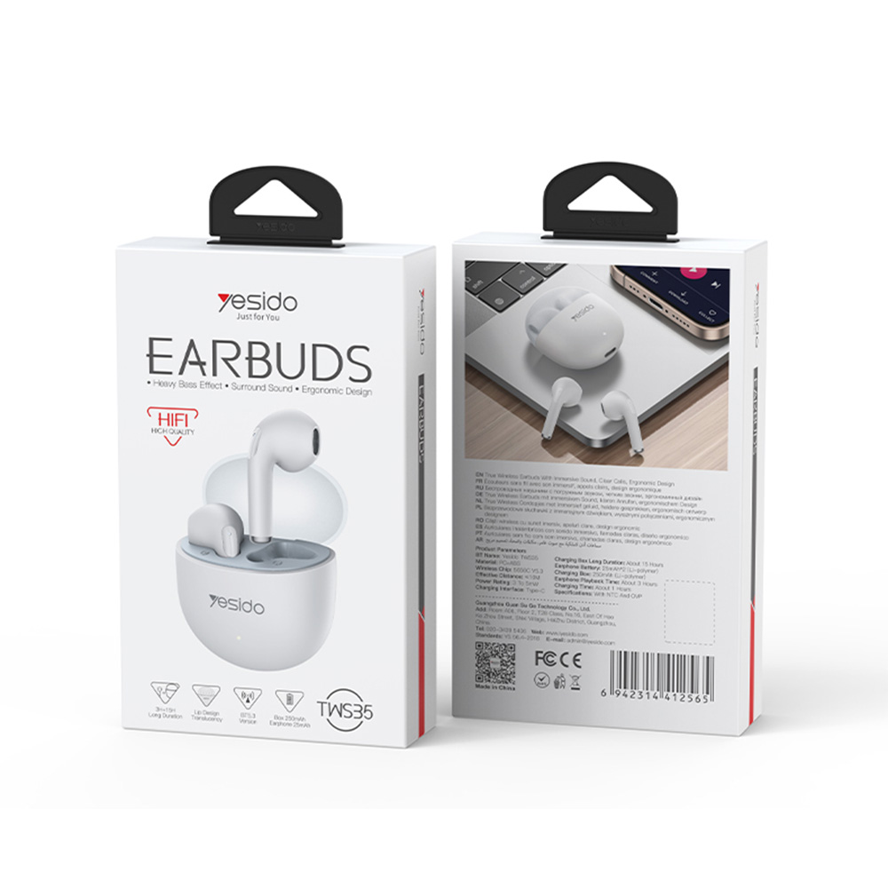 Ακουστικά Bluetooth Yesido TWS35 HiFi 5.3 με Θήκη Φόρτισης Λευκό
