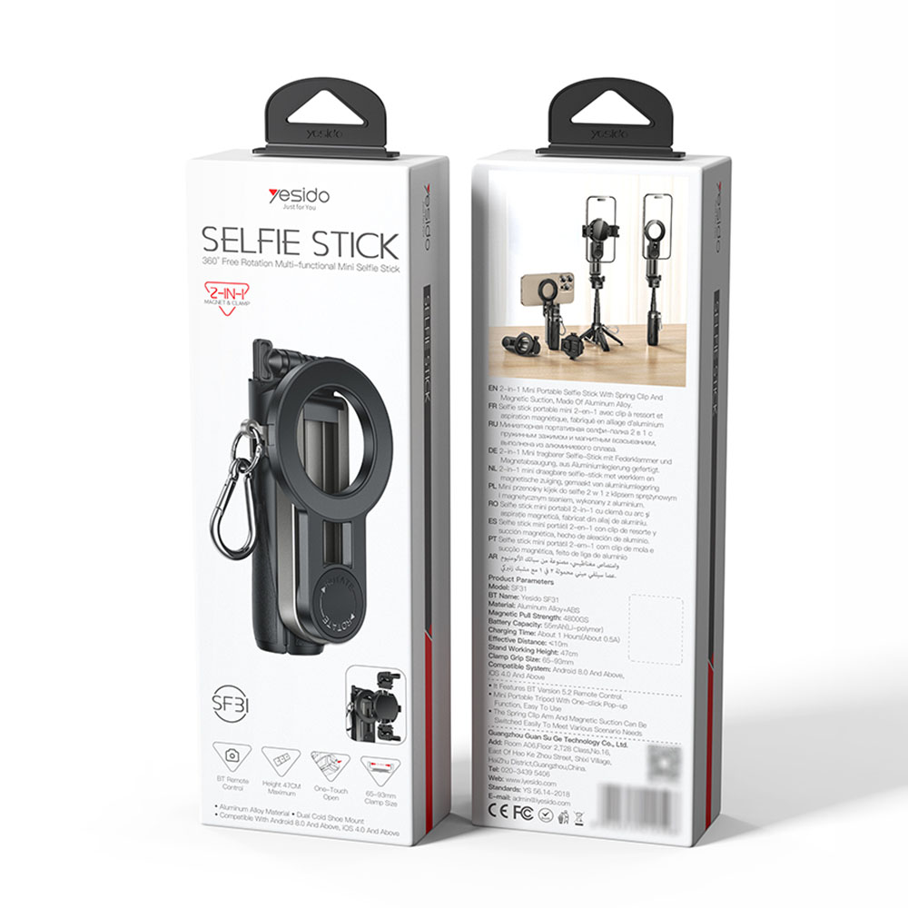 Yesido SF31 Bluetooth Magnetic & Clip Mini Selfie Stick Μαύρο