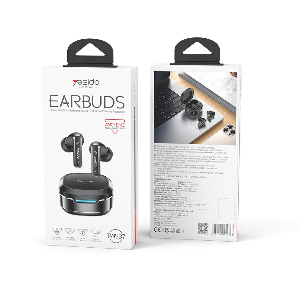 Ακουστικά Bluetooth Yesido TWS37 με Θήκη Φόρτισης, ANC + ENC Μαύρο