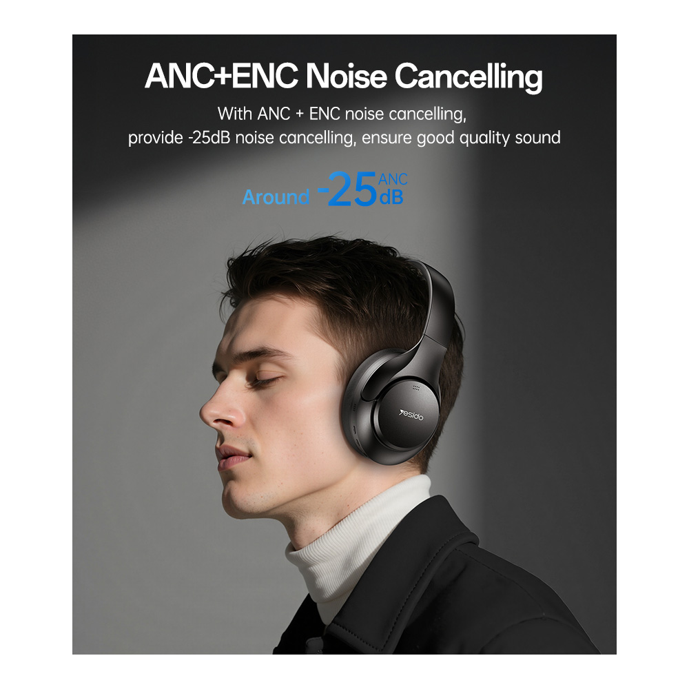 Bluetooth 5.4 Headset Yesido EP09 On Ear με Ενσωματομένη Μπαταρία 500mah ANC - ENC Μαύρο