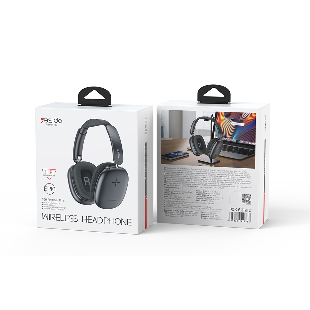 Bluetooth 5.4 Headset Yesido EP10 Hi-Fi On Ear με Ενσωματομένη Μπαταρία 400mah Μαύρο