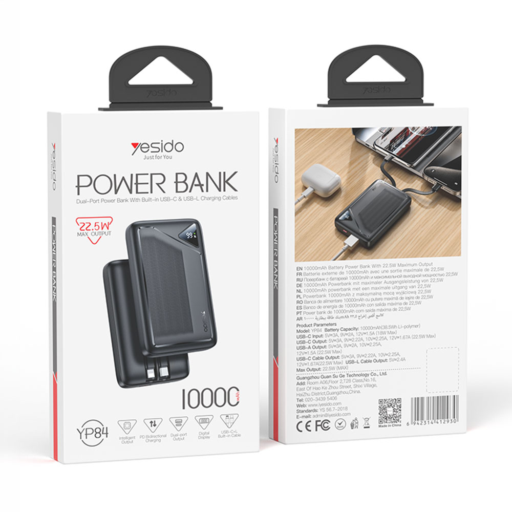 Powerbank Yesido YP84 10000mAh με Θύρες USB-C, USB-Α & Ενσωματωμένα Καλώδια Type-C και Lightning - 22.5W, QC 4.0+ Μαύρο