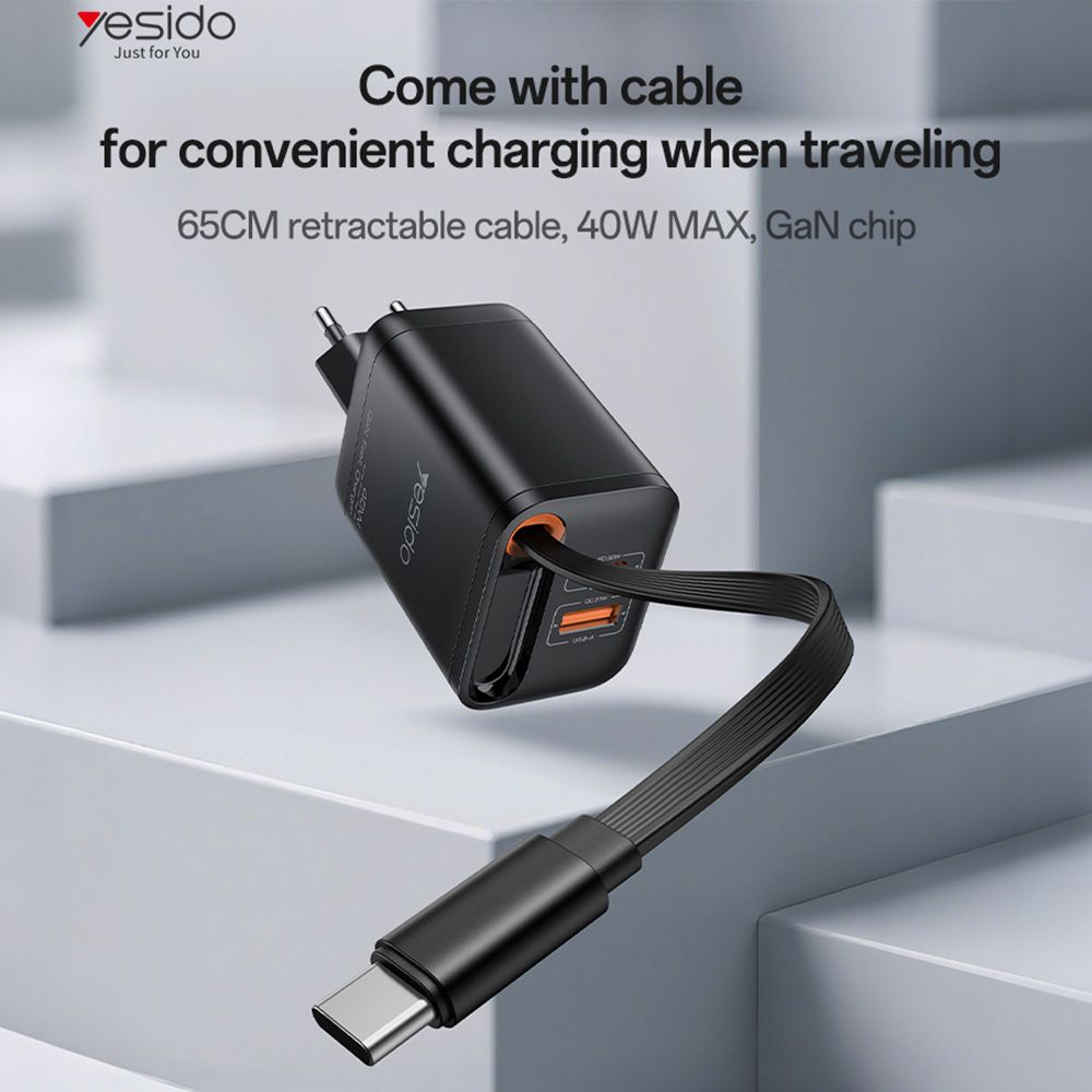 Φορτιστής Yesido YC99 40W USB-A και USB-C με ενσωματωμένο καλώδιο Type-C Μαύρο