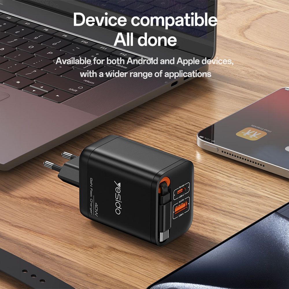 Φορτιστής Yesido YC99 40W USB-A και USB-C με ενσωματωμένο καλώδιο Type-C Μαύρο