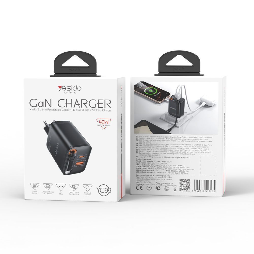 Φορτιστής Yesido YC99 40W USB-A και USB-C με ενσωματωμένο καλώδιο Type-C Μαύρο