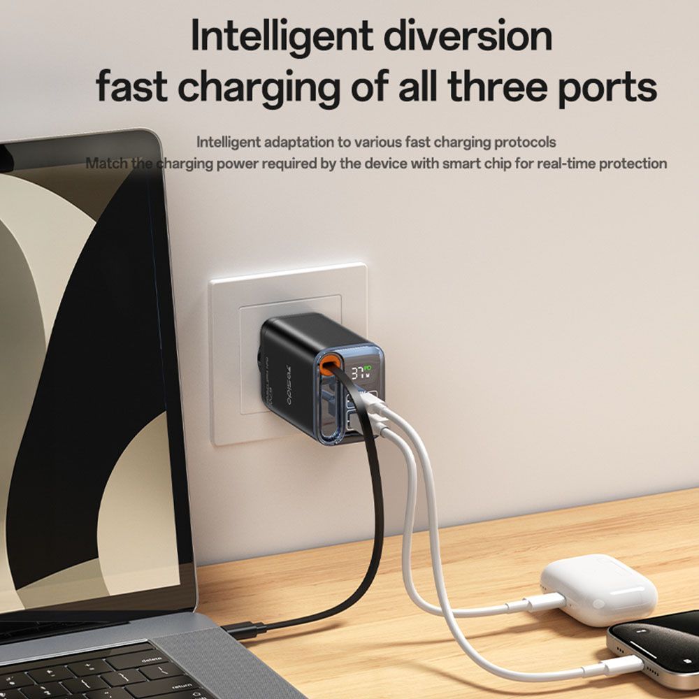 Φορτιστής Yesido YC100 67W USB-A και USB-C με ενσωματωμένο καλώδιο Type-C Μαύρο