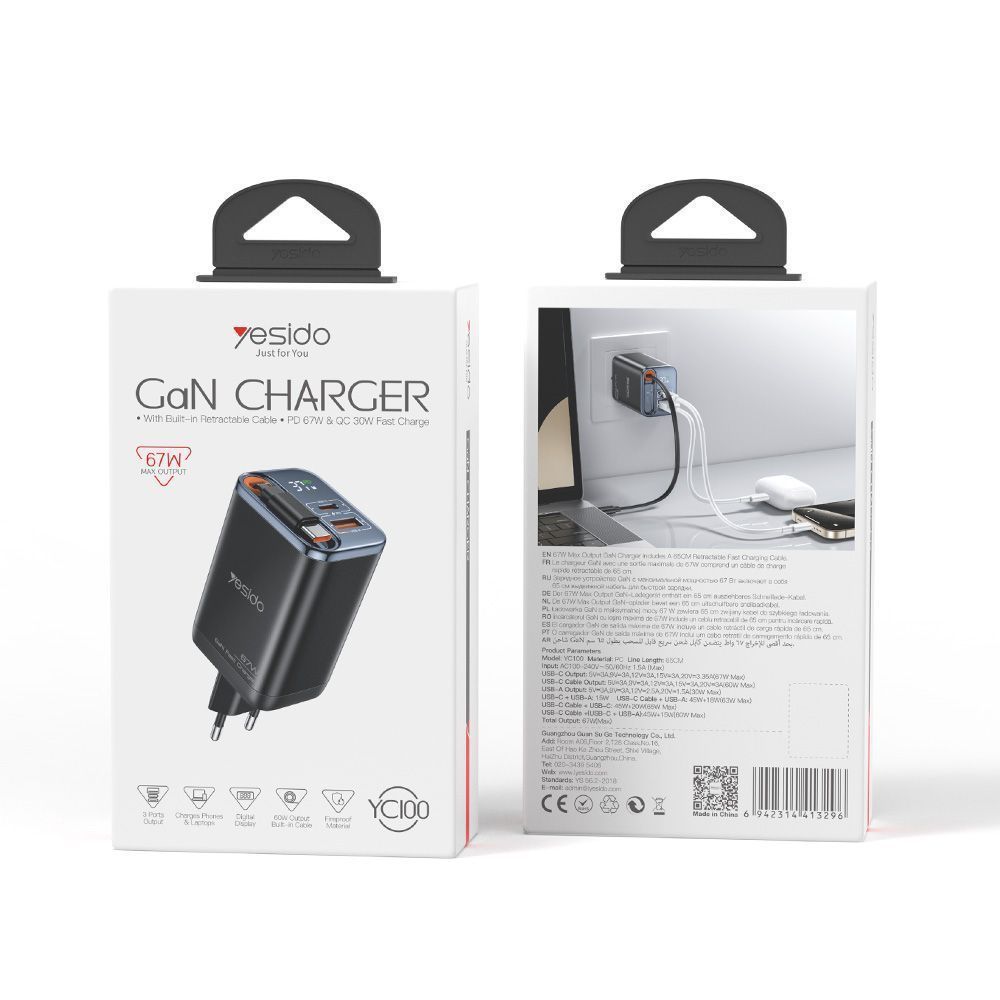 Φορτιστής Yesido YC100 67W USB-A και USB-C με ενσωματωμένο καλώδιο Type-C Μαύρο