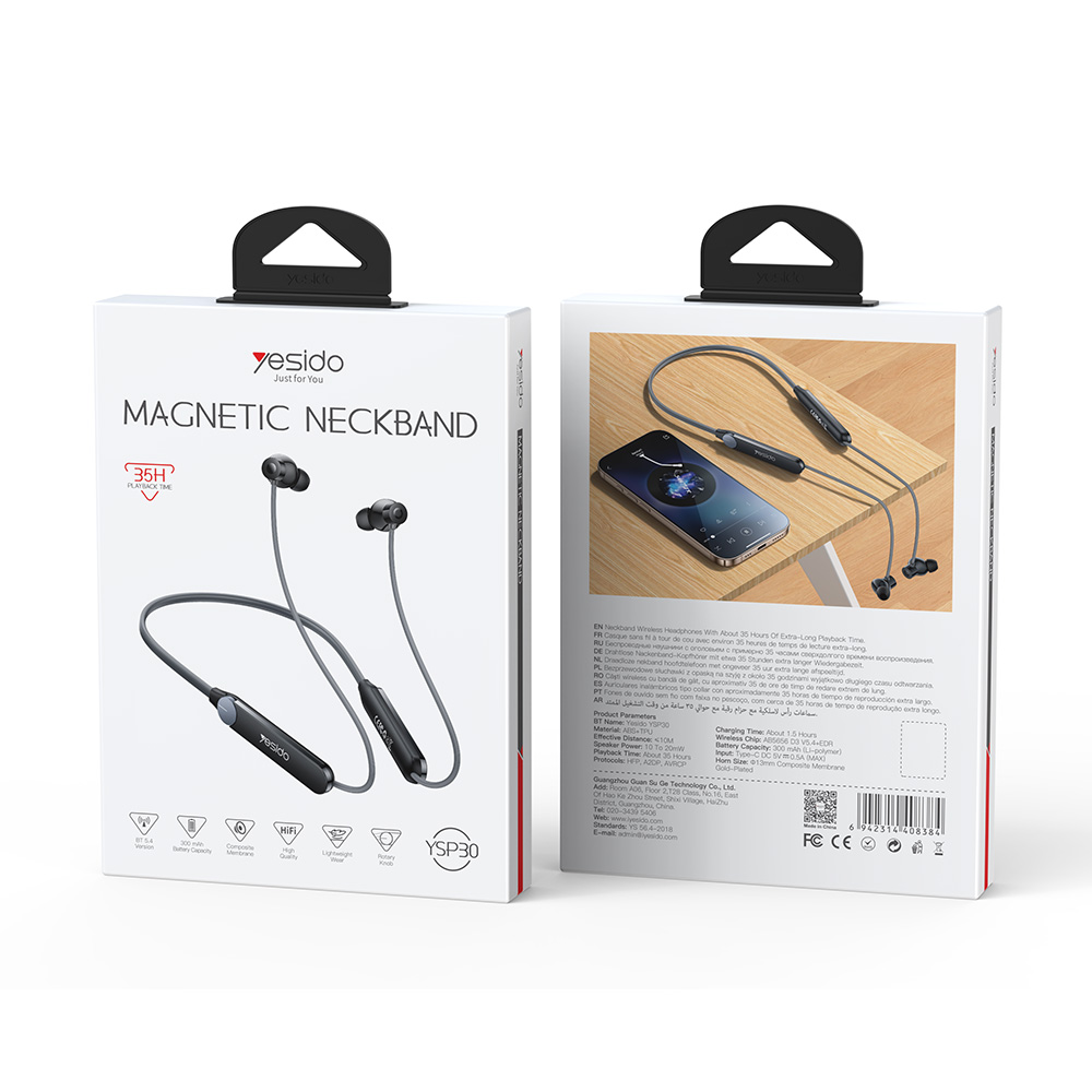 Ακουστικά Bluetooth NeckBand Yesido YSP30 In Ear, Magnetic Μαύρο