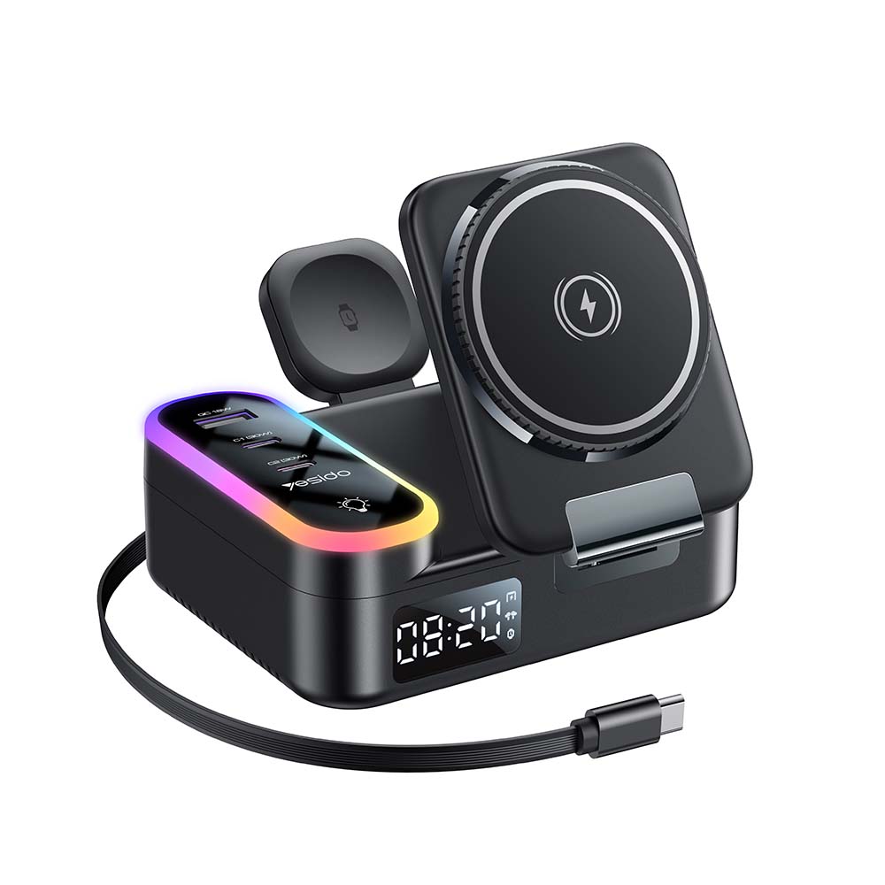 Βάση Ασύρματης Φόρτισης Yesido DS38 8-σε-1 RGB 65W Κινητού, SmartWatch, Earbuds + 2xType-C + USB-A, PD QC Μαύρο