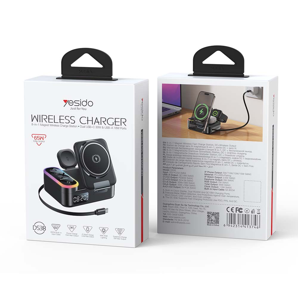 Βάση Ασύρματης Φόρτισης Yesido DS38 8-σε-1 RGB 65W Κινητού, SmartWatch, Earbuds + 2xType-C + USB-A, PD QC Μαύρο
