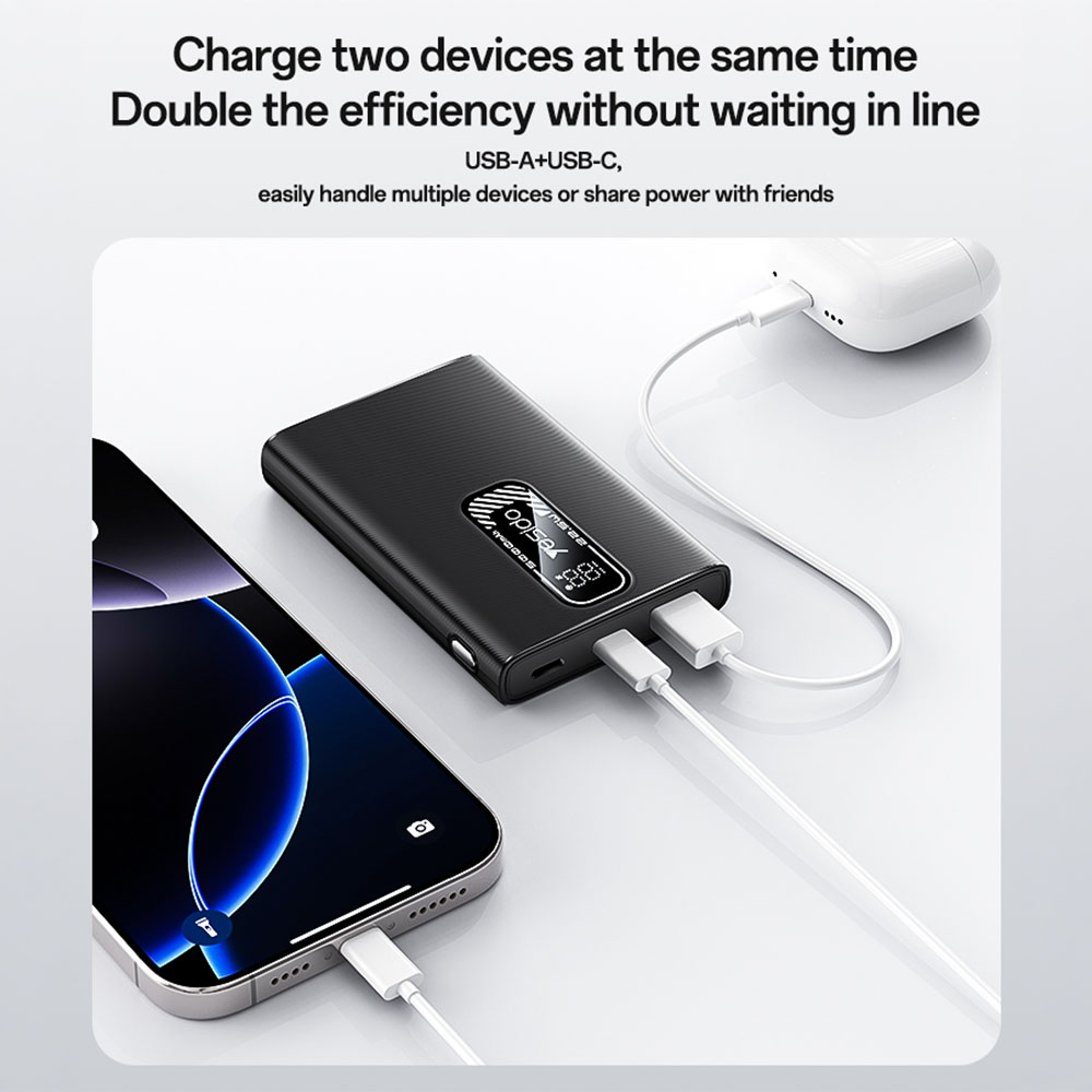 Compact Power Bank Yesido YP92 5000mAh USB-C & USB-A, 22.5W, QC 4.0+ Μαύρο