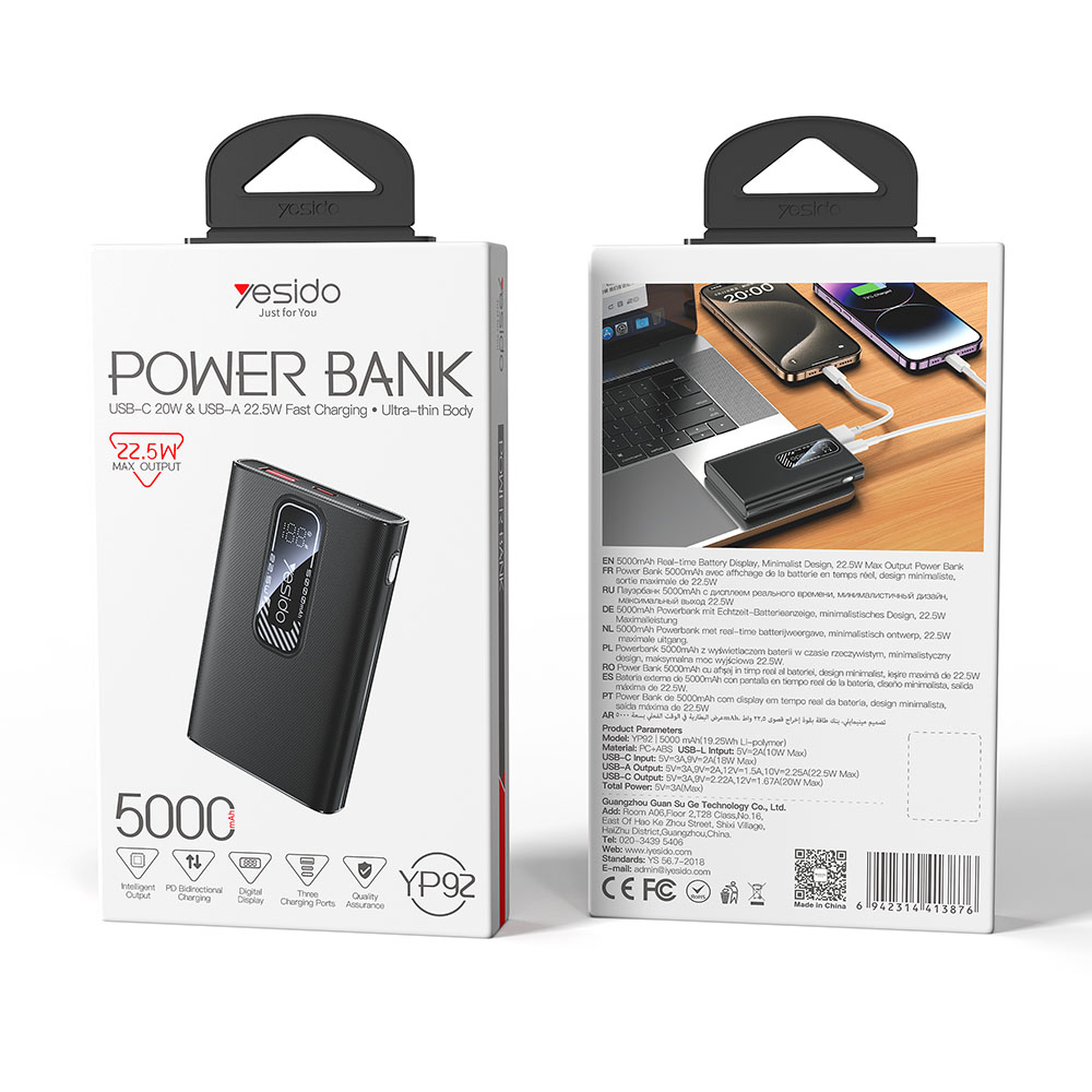 Compact Power Bank Yesido YP92 5000mAh USB-C & USB-A, 22.5W, QC 4.0+ Μαύρο