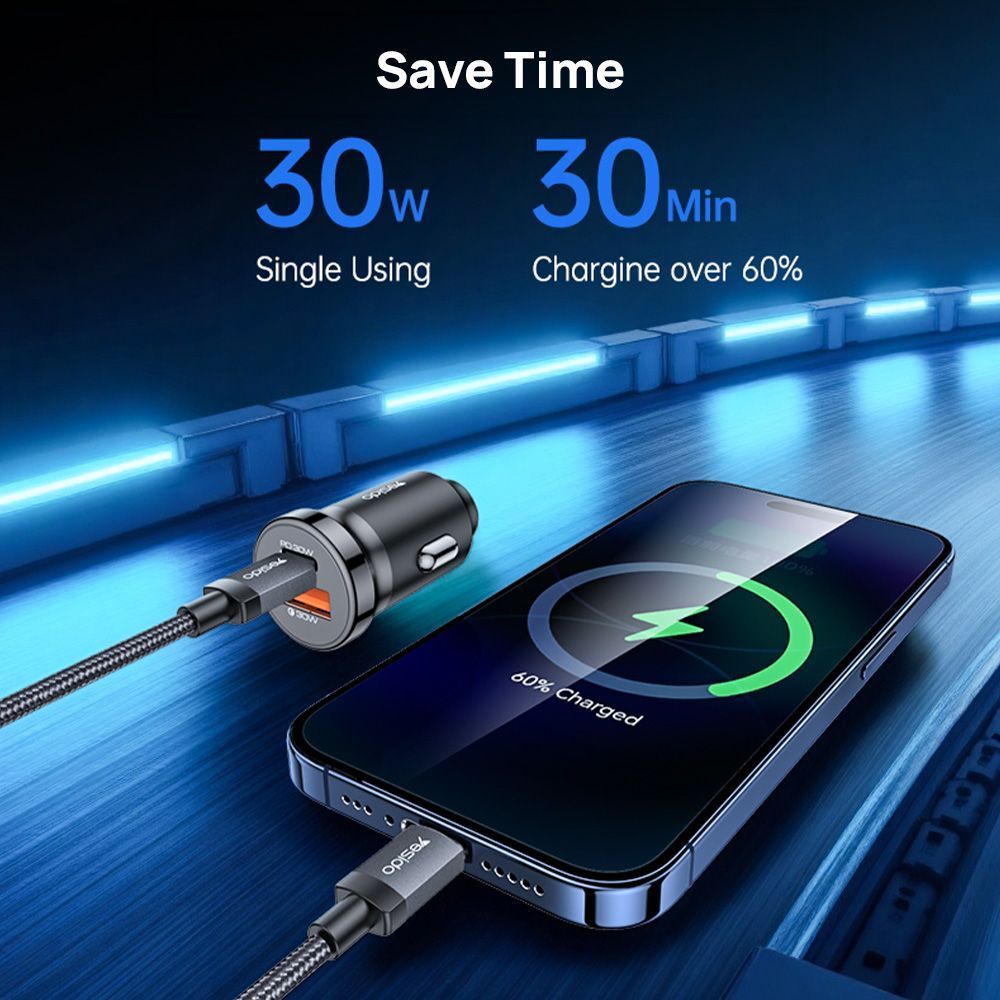 Φορτιστής Αυτοκινήτου Yesido Y72 USB-A + USB-C με καλώδιο Type-C 30W PD Μαύρο