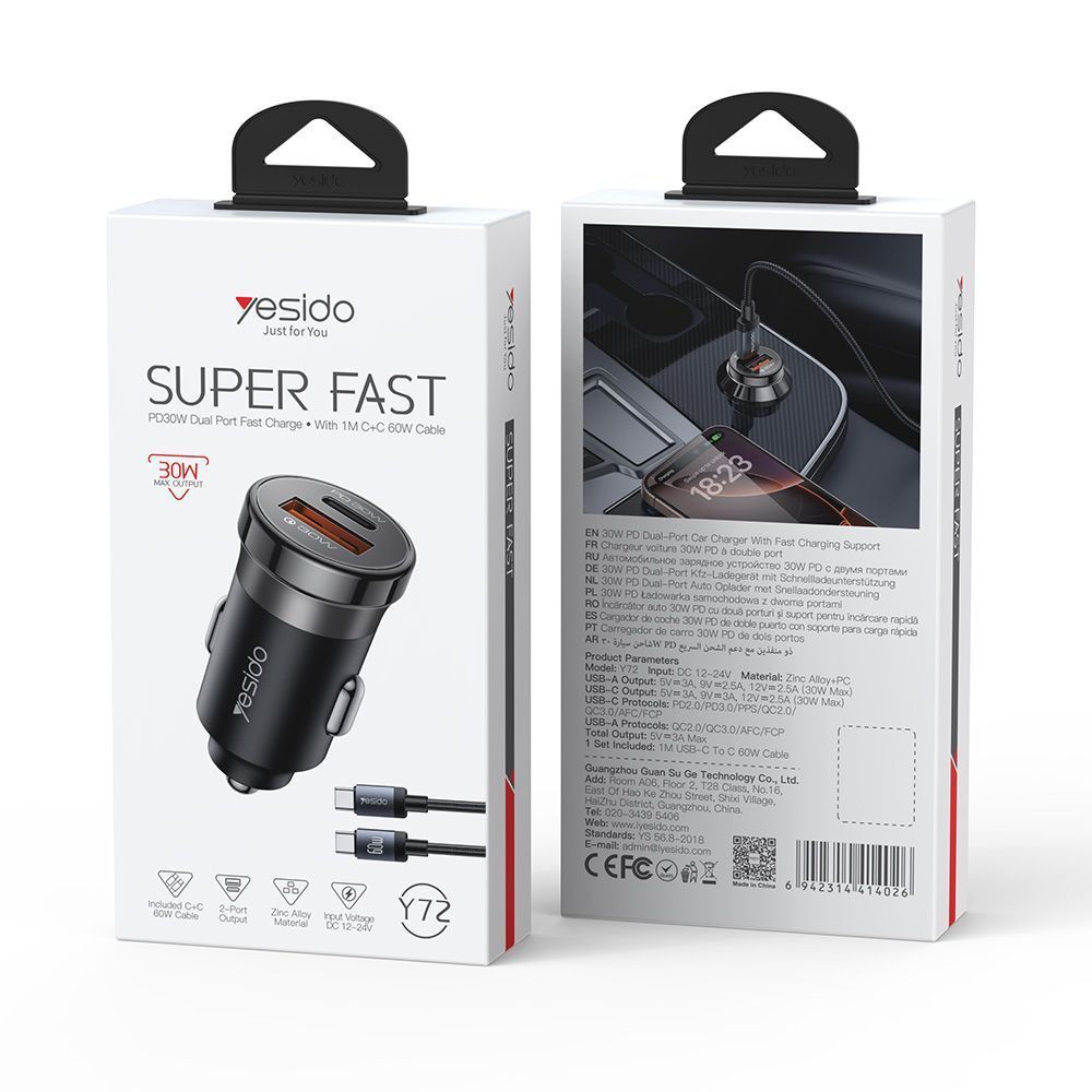 Φορτιστής Αυτοκινήτου Yesido Y72 USB-A + USB-C με καλώδιο Type-C 30W PD Μαύρο