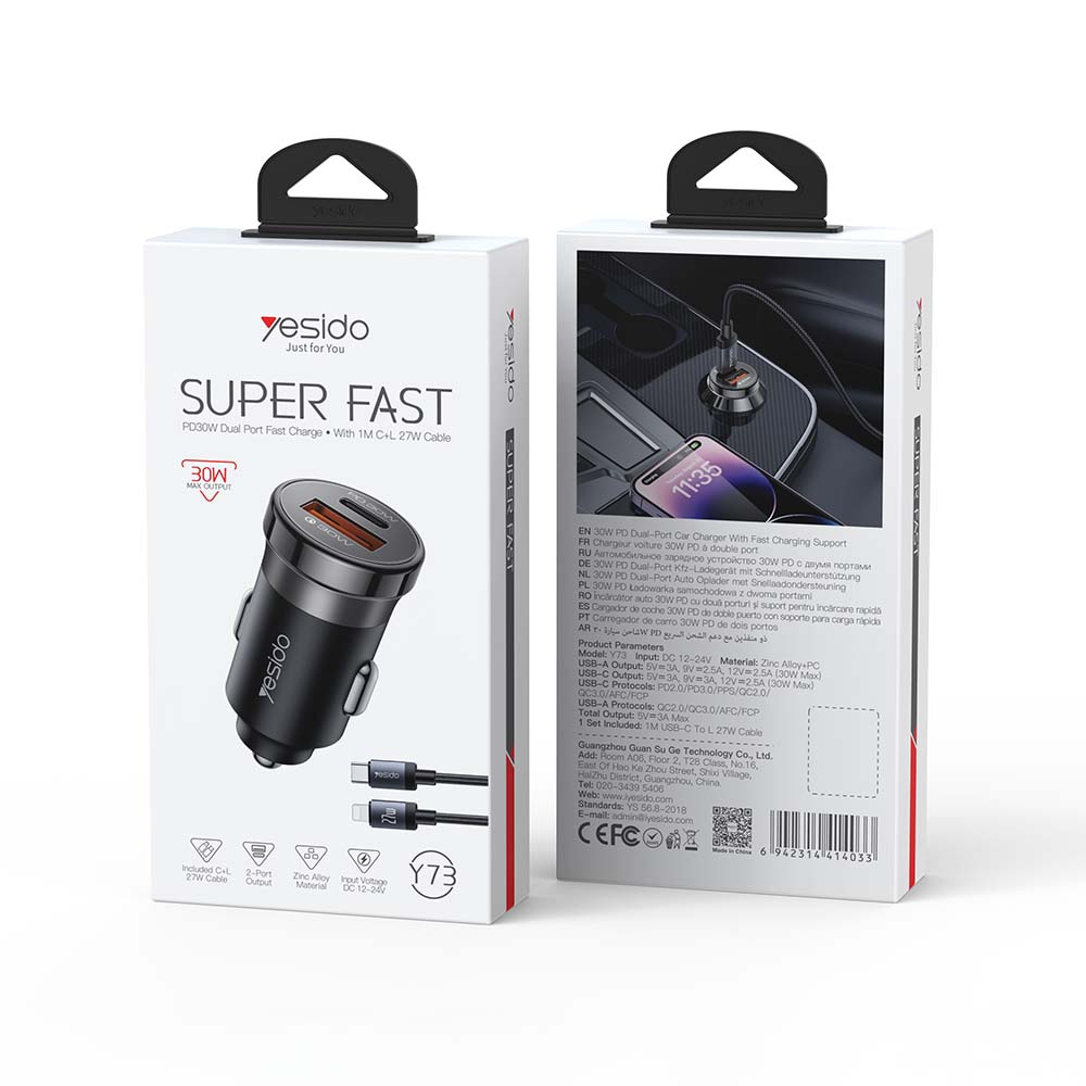 Φορτιστής Αυτοκινήτου Yesido Y73 USB-A + USB-C με καλώδιο Lightning 30W PD Μαύρο