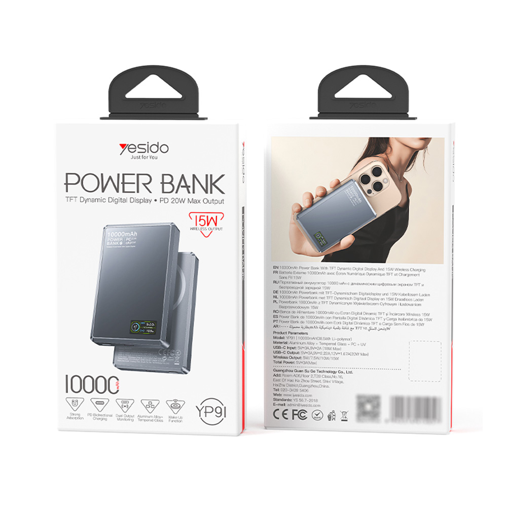 Ασύρματο Power Bank Yesido YP91 Magnetic 10000mAh και Θύρα USB-C, 20W, QC 4+ Μαύρο