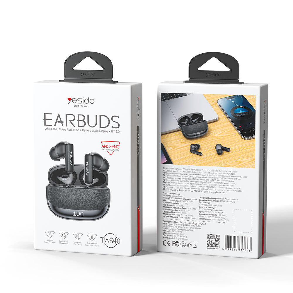Ακουστικά Bluetooth Yesido TWS40, ANC & ENC με Θήκη Φόρτισης, ΒΤ6.0 Μαύρο