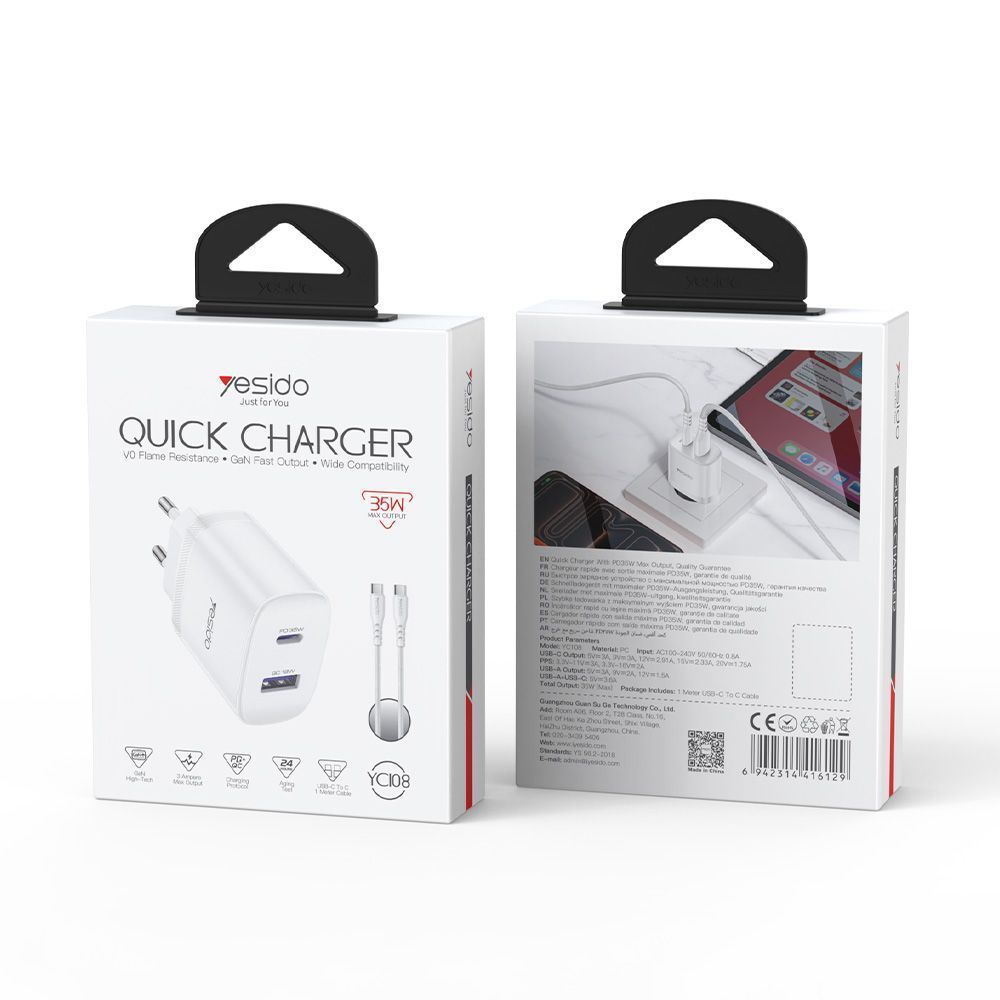 Φορτιστής Yesido YC108 35W Type-C και USB με Καλώδιο Type-C PD Λευκό