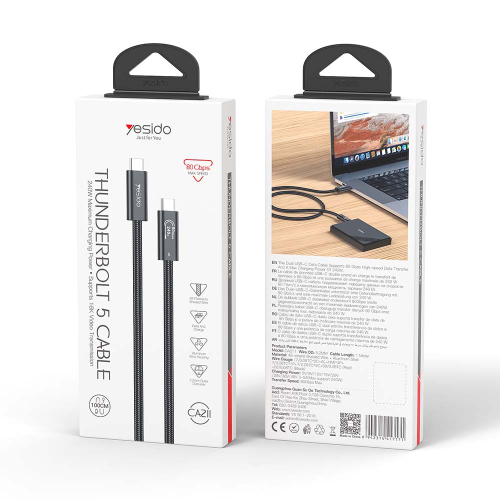 Καλώδιο Thunderbolt / Type-C 5 Yesido CA211 80Gbps 240W 1m Μαύρο