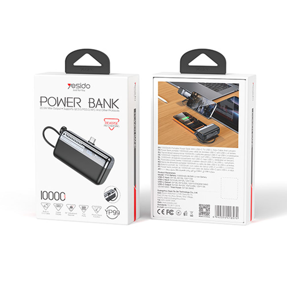 Yesido Capsule Powerbank YP99 10000mAh 22.5W Type-C με ενσωματωμένο καλώδιο Lightning, QC 3.0 Μαύρο
