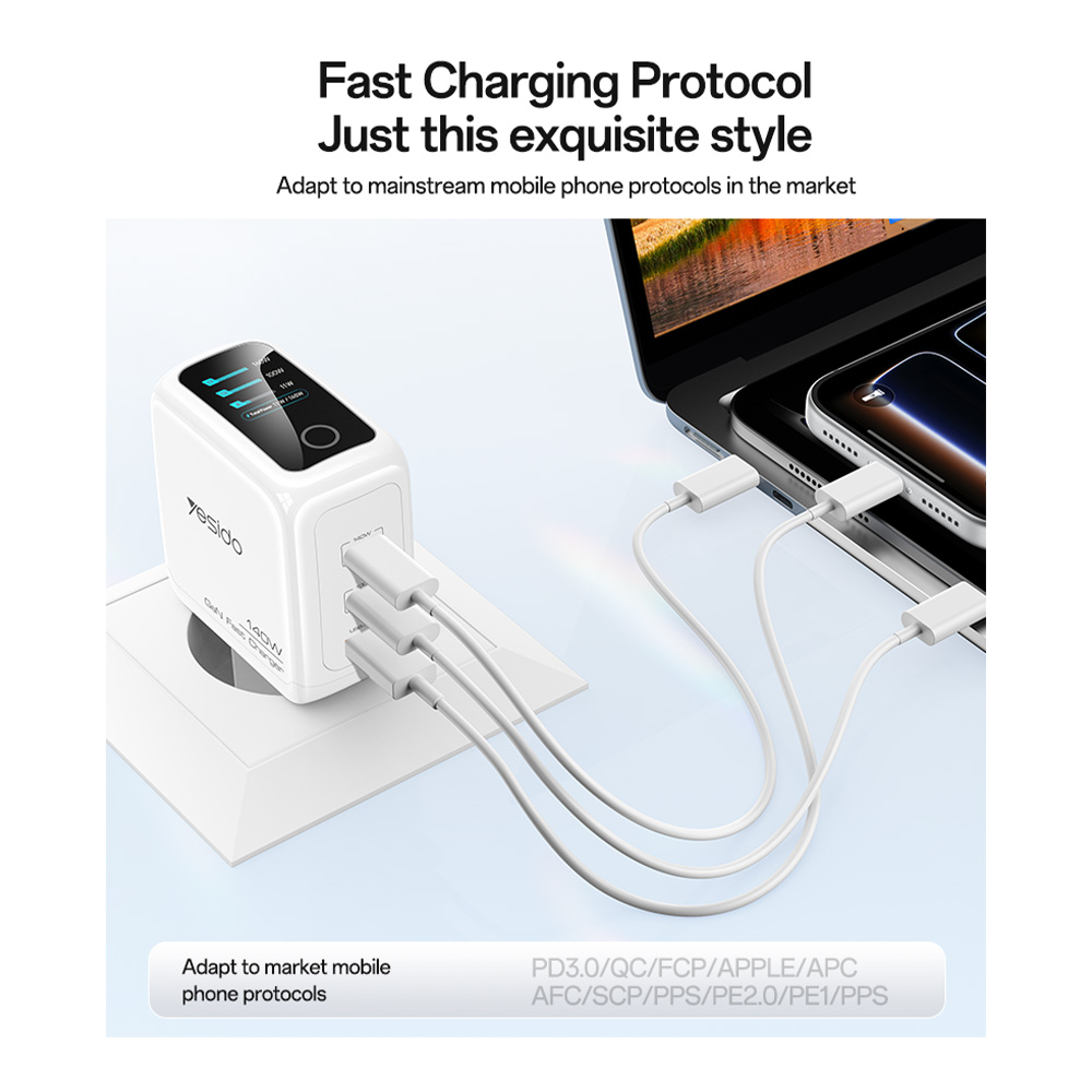 Yesido YC114 Φορτιστής 140W USB-Α, 2xType-C με Δυναμική Οθόνη Λευκό