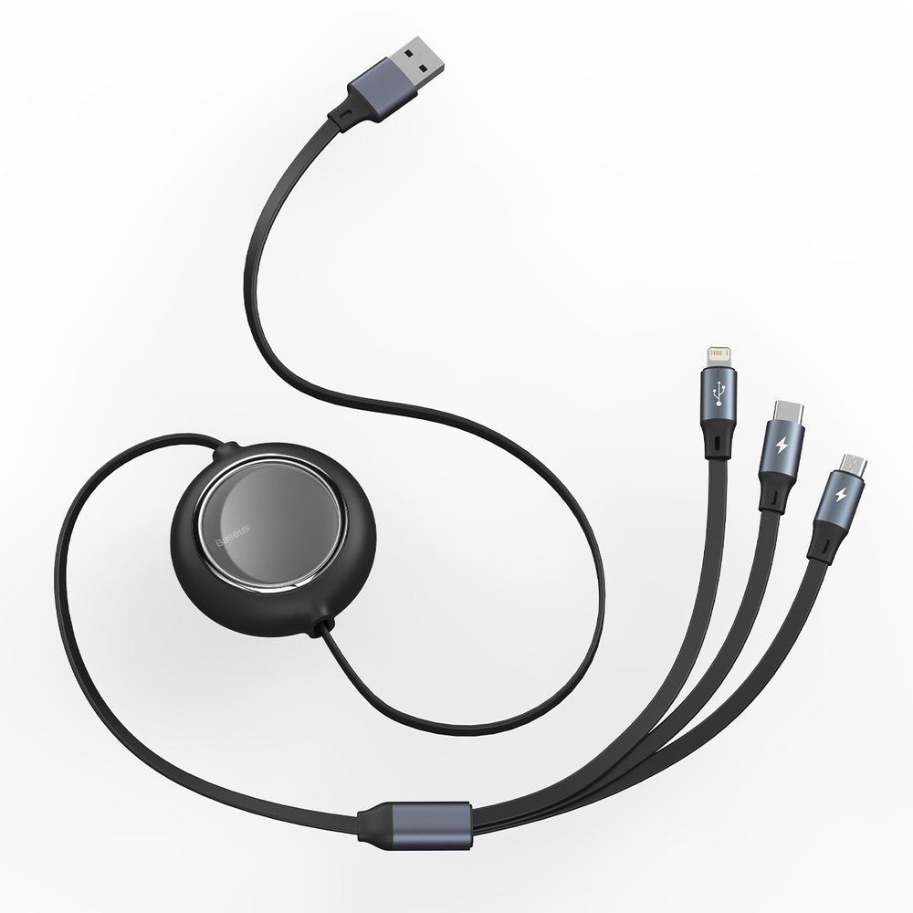 Baseus Bright Mirror flat Retractable 3in1 USB σε Type-C/Lightning/Mirco USB 1.2m 3,5A Μαύρο