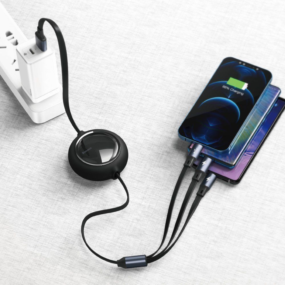 Baseus Bright Mirror flat Retractable 3in1 USB σε Type-C/Lightning/Mirco USB 1.2m 3,5A Μαύρο