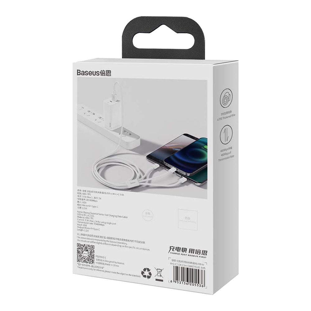 Καλώδιο 3σε1 Baseus Superios Series USB σε Micro USB / USB-C / Lightning, 3.5A 1.5m Λευκό