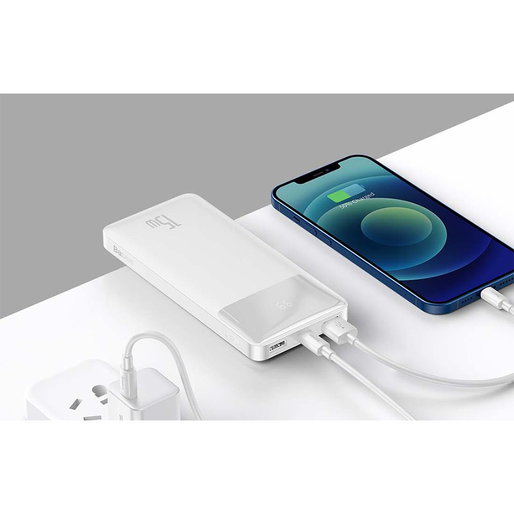 Powerbank Baseus Bipow 20000mAh, με 2 Θύρες USB-A και Θύρα USB-C, 15W PD Λευκό
