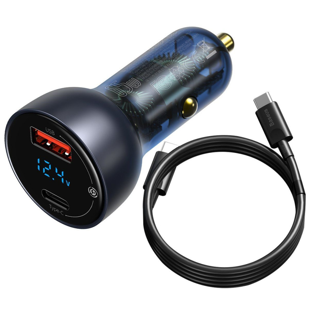 Φορτιστής Αυτοκινήτου Baseus Particular Digital Display, USB + USB-C, QC3.0+PD, 5A, 65W + καλώδιο Type C 1m 100W Μαύρο