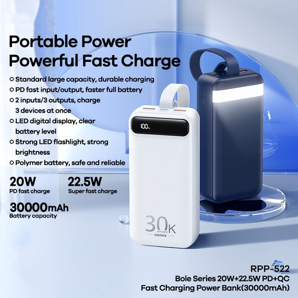 REMAX Bole Series Power Bank 30000mAh 22.5W RPP-522 Μπλέ
