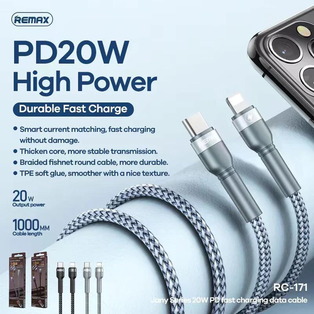Καλώδιο Remax RC-171 Jany Series 20W|Fast Charge Type-C to Lightning 1m Μαύρο