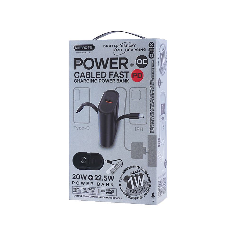 REMAX Prime Series Power Bank 10000mAh 18W RPP-572 με Καλώδια Lightning & Type-C Μαύρο