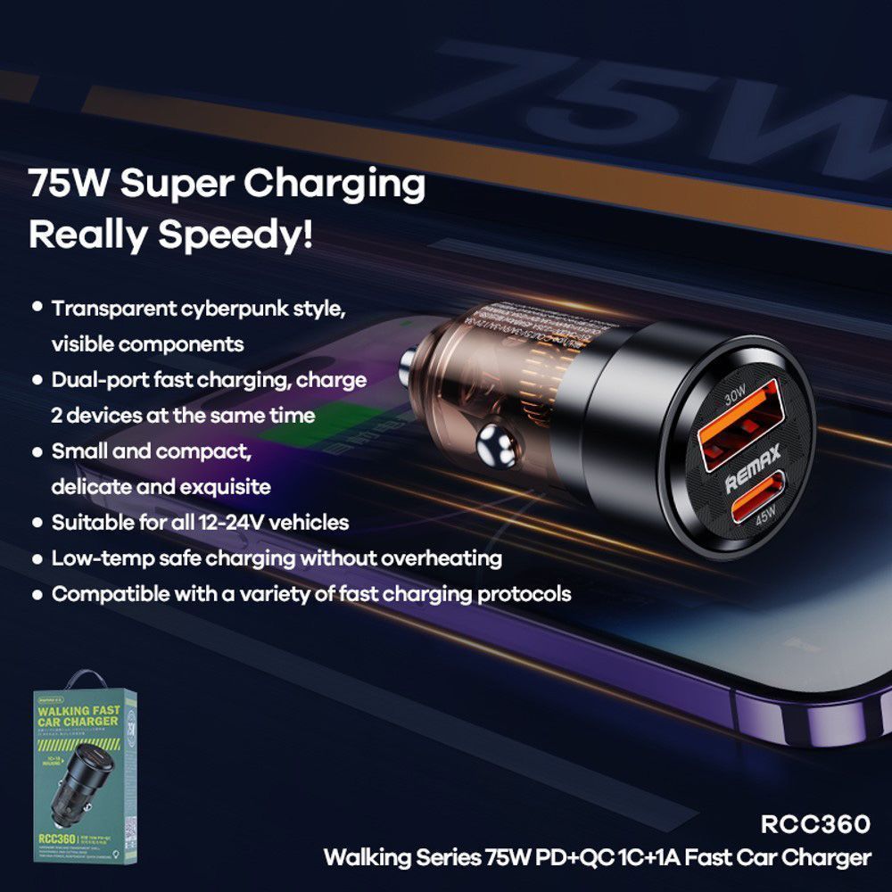 Φορτιστής Αυτοκινήτου REMAX Walking Series RCC360 75W PD+QC|1C+1A|3A Μαύρο