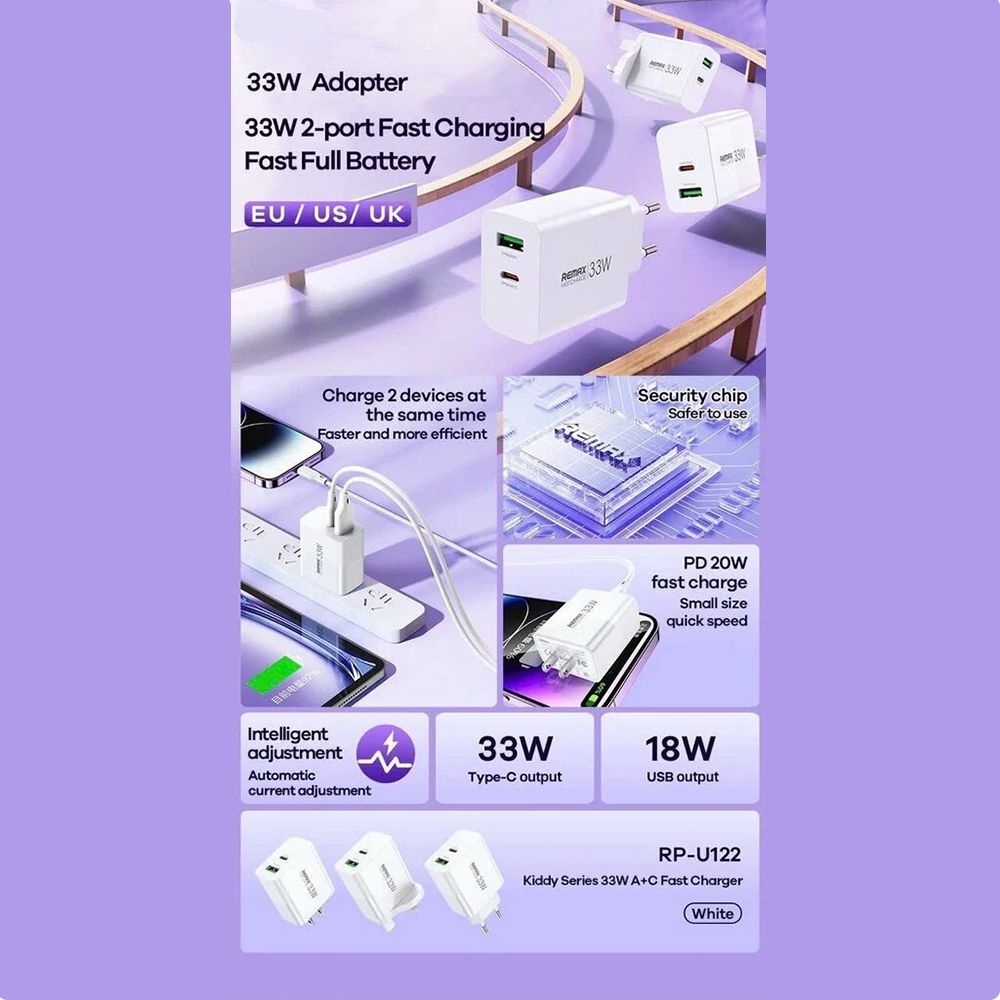 Φορτιστής REMAX Kiddy Series Fast Charge RP-U122 33W, A+C Λευκό