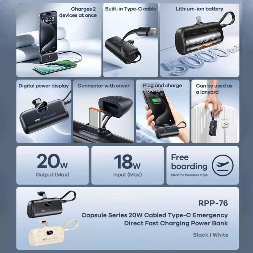 REMAX Capsule Series Power Bank 5000mAh RPP-76 Type C με ενσωματωμένο καλώδιο Type-C Λευκό