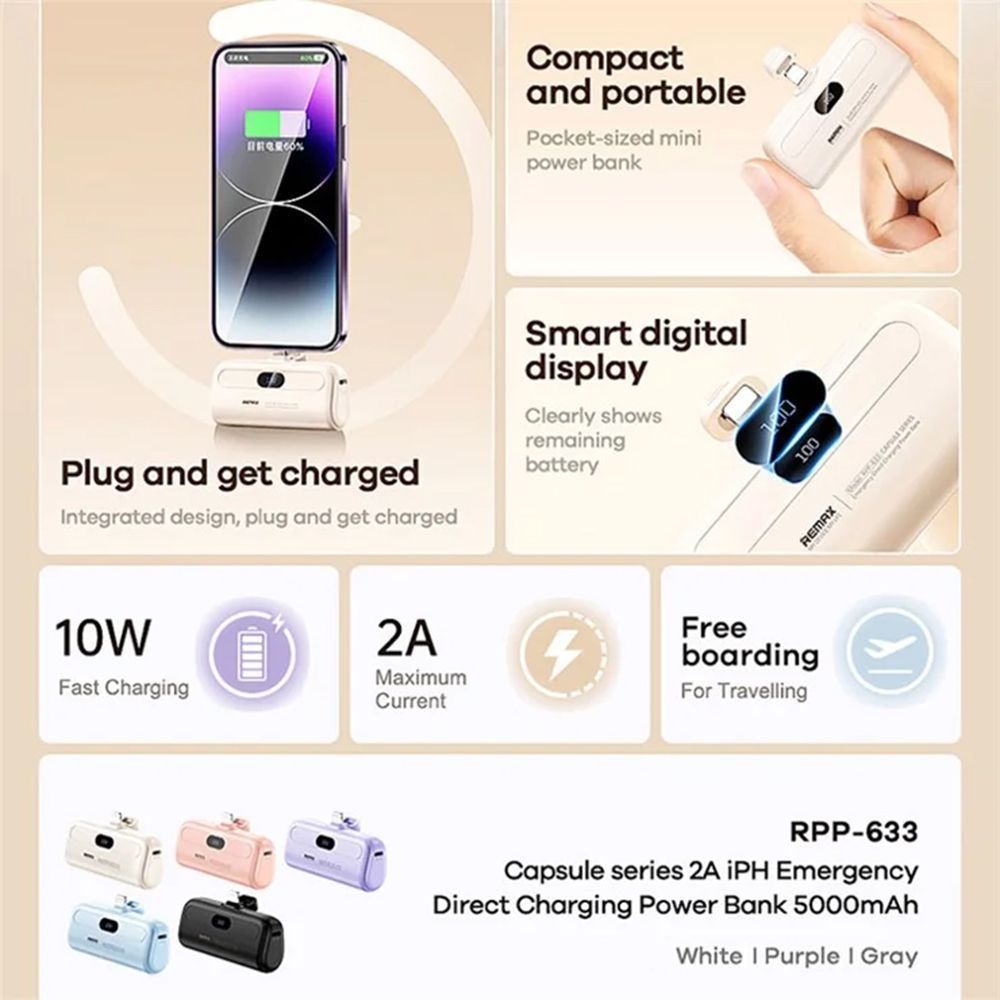 REMAX Capsule Series Power Bank 5000mAh RPP-633 (Lightning) Μωβ